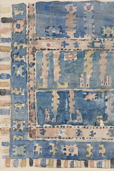 Märta Måås-Fjetterströms akvarellskiss av mönstret till mattan Ståndaren.